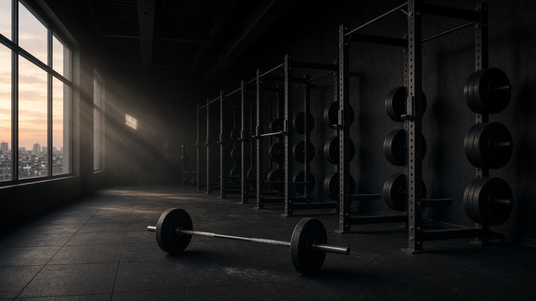 Strength floor racks at dusk